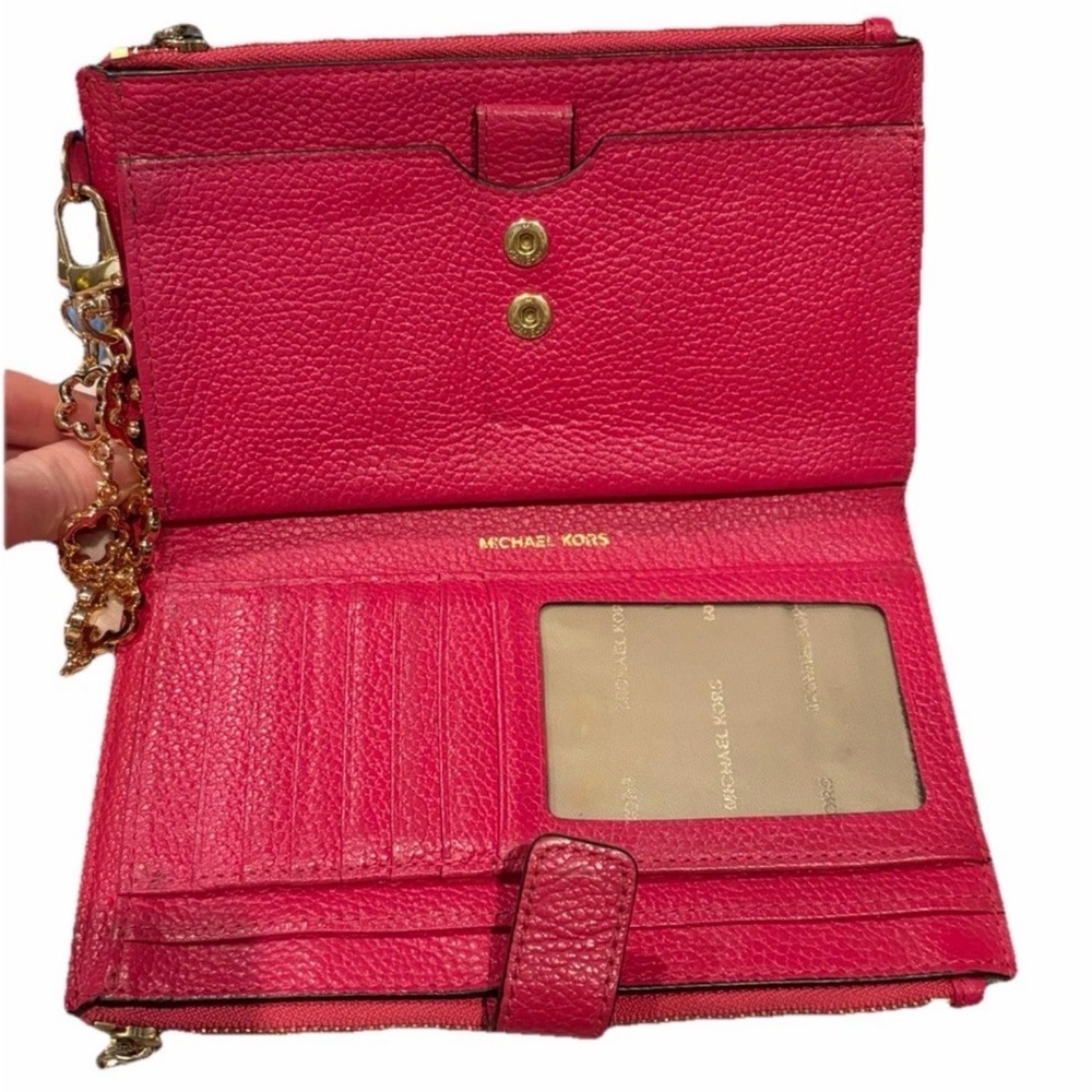 Michael Kors Leather Jet Set Double Zip Bifold Wallet Wristlet Bright Pink - Picture 8 of 16